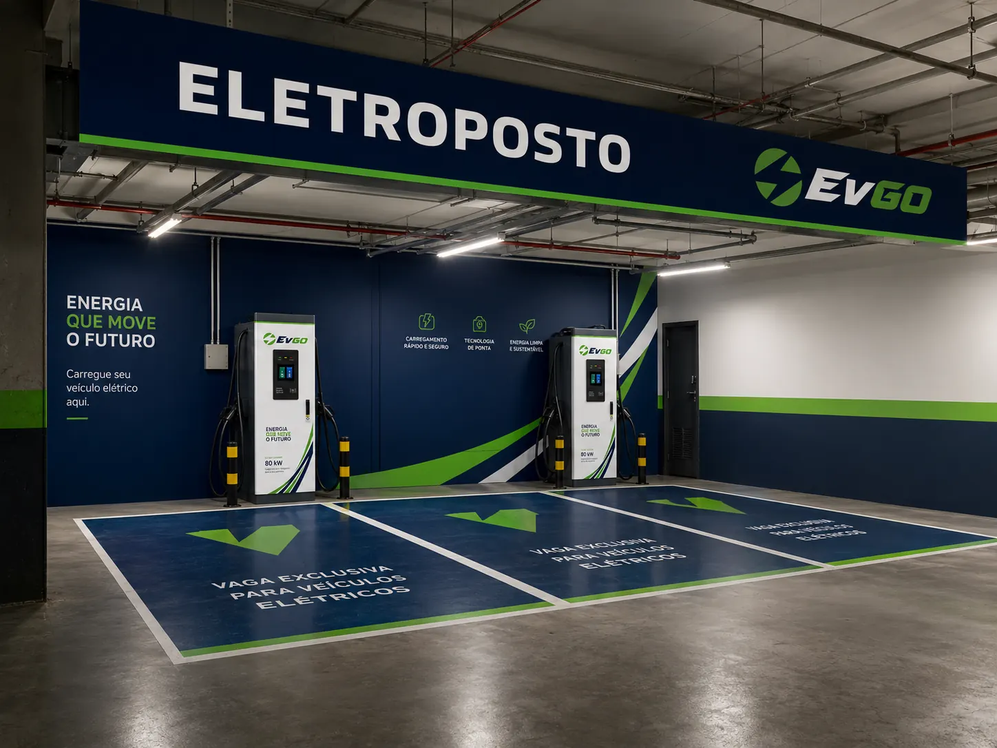 Carro elétrico carregando em eletroposto EVGO moderno